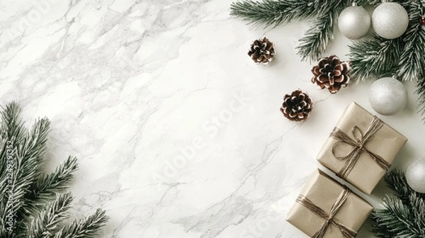 Fototapeta Christmas presents wrapped in colorful paper on a marble background ready for the holiday season