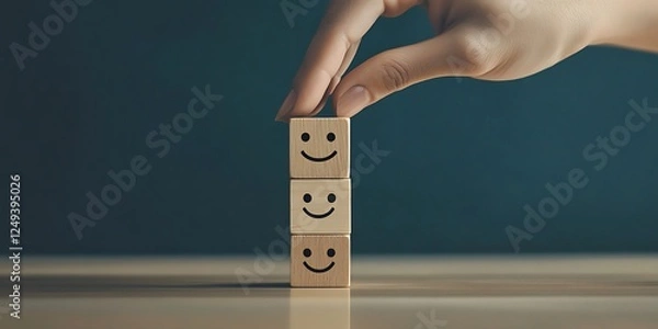 Fototapeta A series of wooden blocks happy emoji  hand choosing  with different facial expressions, with a hand choosing the happy one