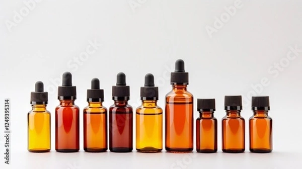 Fototapeta Top View of Various Amber Glass Bottles for Cosmetics, Medicine & Liquids - Isolated on White with Cardboard Box. Container Glass Bottles