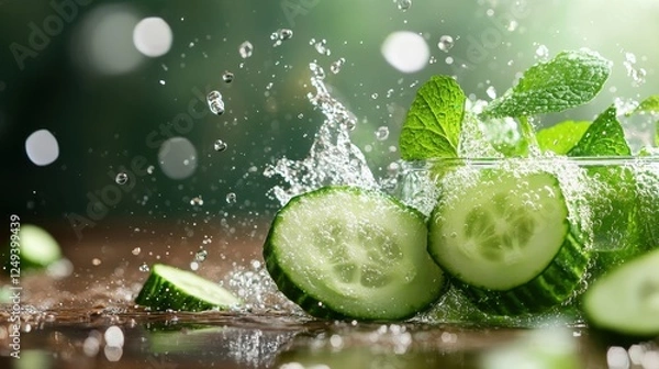 Fototapeta This image captures the vibrant splash of fresh cucumbers and mint leaves in water, symbolizing freshness and vitality, perfect for summer beverages or health imagery.