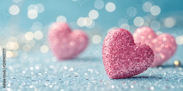 Obraz Pink glitter hearts on a sparkling blue background with bokeh lights, perfect for Valentine's Day or romantic themes
