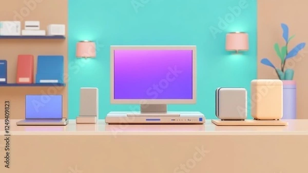 Fototapeta Pastel Colored Home Office Setup With Modern Minimalist Design