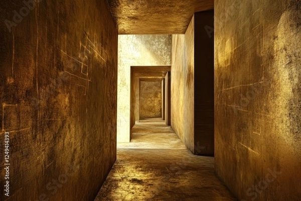 Fototapeta An endless gold textured corridor with geometric etched walls