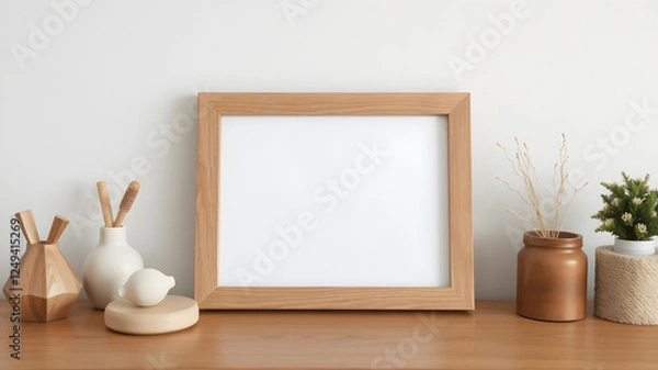 Fototapeta Realistic border wooden rectangular natural frame with shadow. Empty wooden frame boarder for presentations