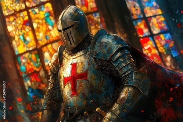 Obraz A medieval knight stands before a stained glass window