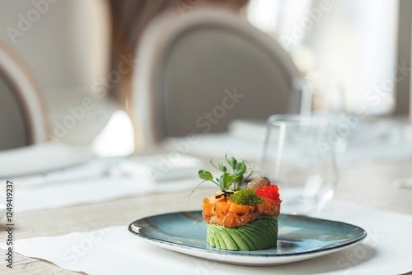 Fototapeta Delight in a beautifully crafted sushi dish featuring fresh fish and vibrant garnishes, perfect for a romantic dining experience. Enjoy the skill of a renowned chef amidst elegant surroundings