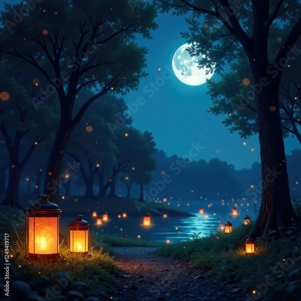 Fototapeta Twinkling fireflies, lanterns in trees, moonlight filtering, moonlight, shadows, ambiance