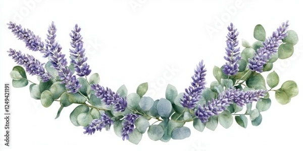 Fototapeta Watercolor lavender wreath with eucalyptus leaves, vector illustration, white background