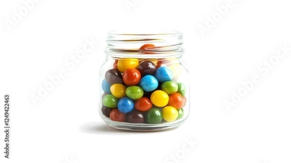 Fototapeta A small glass jar filled with colorful marbles, on a clean white background, transparent isolate