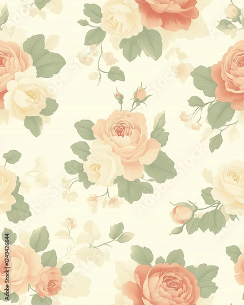 Fototapeta Beautiful Floral Pattern Featuring Pastel Roses on a Soft Background Perfect for Home Decor and Craft Projects