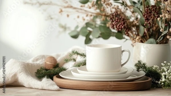 Obraz A serene dining setup that combines simple yet beautiful elements, featuring elegant tableware and fresh greenery, perfect for intimate gatherings or quiet meals at home.