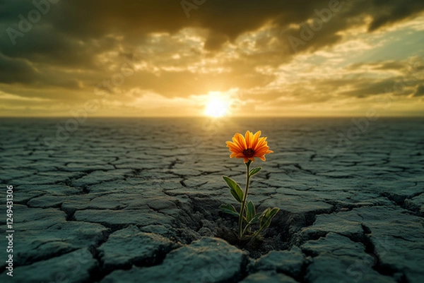 Obraz A small flower growing from dry, cracked earth with a sunset in the background