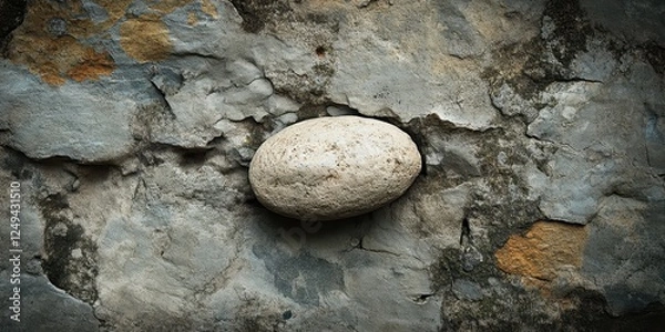 Fototapeta Oval rock lodged tightly into a weathered and cracked stone wall