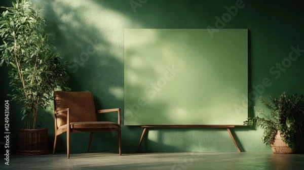 Fototapeta A sophisticated arrangement featuring a modern chair beside artistic wall decor in a vibrant green room, promoting creativity and a unique aesthetic for any space.