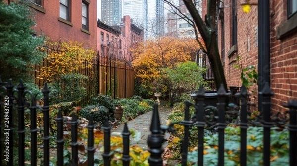 Fototapeta Black metal fence with intricate designs, adding an elegant touch to an urban landscape.