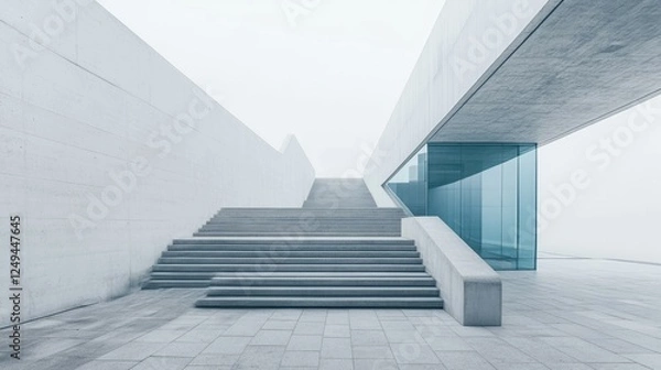 Fototapeta Elegant staircase with sharp geometric angles, surrounded by minimalist architecture.