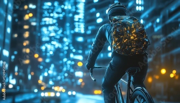 Obraz Person cycles through futuristic city wearing backpack at night