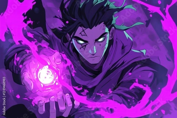 Obraz Animated character casts spell with intense glowing purple energy