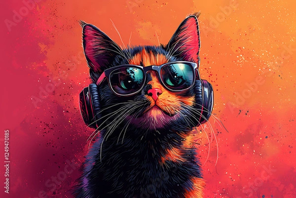 Obraz A stylish cat wearing trendy headphones and glasses, exuding a cool and modern vibe