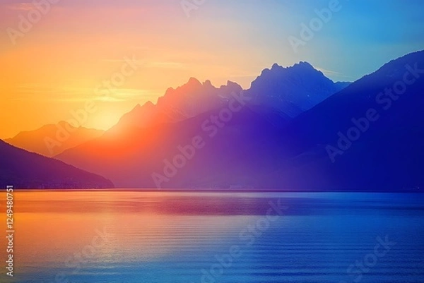 Fototapeta Vibrant sunset over tranquil lake and majestic mountains