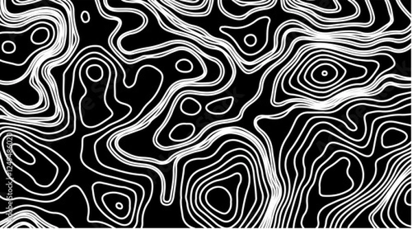 Fototapeta Abstract topographic contour map concept, cartography geographic terrain pattern design, topo wavy black and white mountain surface, liquid line art background