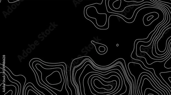 Obraz Abstract topographic contour map concept, cartography geographic terrain pattern design, topo wavy black and white mountain surface, liquid line art background