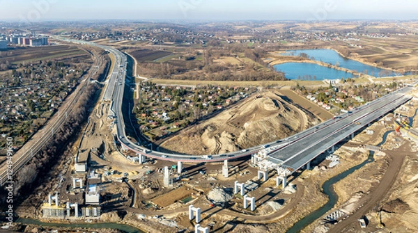 Fototapeta Krakow, Poland. Mistrzejowice interchange under construction. Temporary ramp joining S52 highway ring road, and S7 express road from Warszawa, both opened in December 2024. Aerial view. February 2025