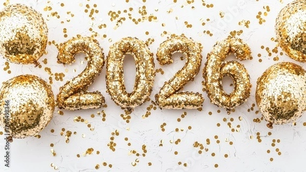 Fototapeta Shiny golden balloons, sparkling gliter confetti marking vibrant 2026 new year celebration against pristine white backdrop