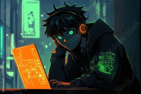 Obraz Anime boy in hoodie works on an orange glowing laptop