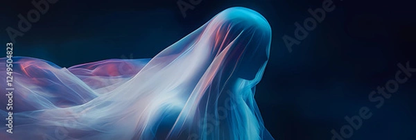 Fototapeta  A dreamy and mysterious digital painting of a faceless figure draped in a sheer glowing veil, set against a dark and atmospheric backdrop.