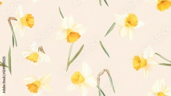 Fototapeta Floral Pattern Daffodils Seamless Design for Springtime Backgrounds and Textiles Designs with Flowers in Pastel Colors Illustrations and Graphics Patterns and Textures for Website and Social Media
