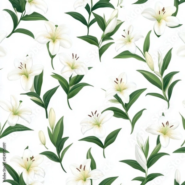 Fototapeta Elegant Floral Pattern with White Lilies and Green Leaves Design