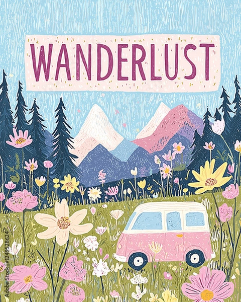 Obraz Wanderlust Artwork Captures the Spirit of Adventure With Serene Mountains, Vibrant Flowers, and a Cheerful Van in a Scenic Landscape