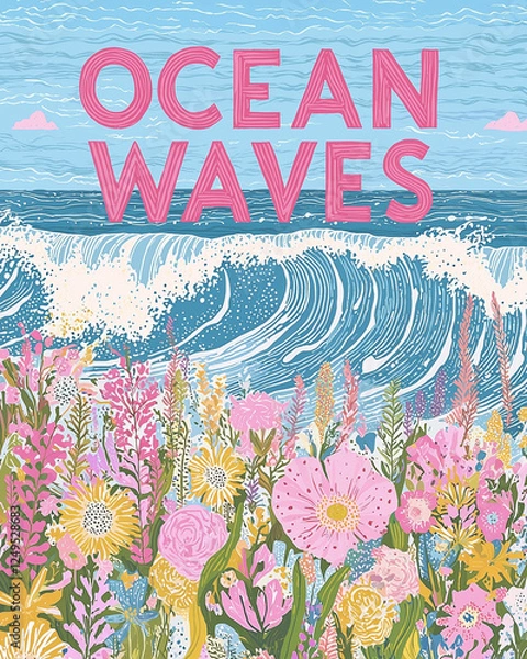 Obraz Colorful Floral Design With Ocean Waves and Vibrant Sky Illustrated in a Bright and Cheerful Style