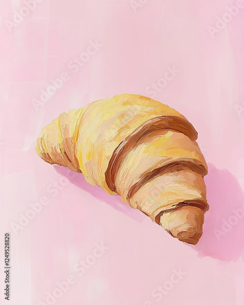 Obraz Freshly Baked Croissant Resting on a Soft Pink Background Showcasing Its Flaky Layers and Golden Color