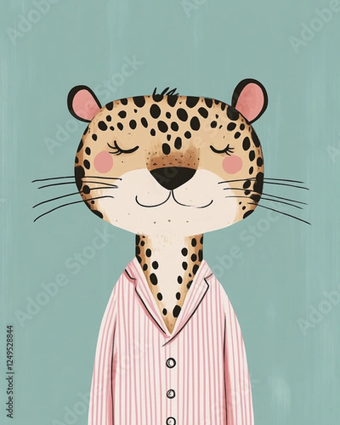 Obraz Cute Leopard Character in Striped Pajamas With a Relaxed Expression in a Playful and Colorful Design Setting
