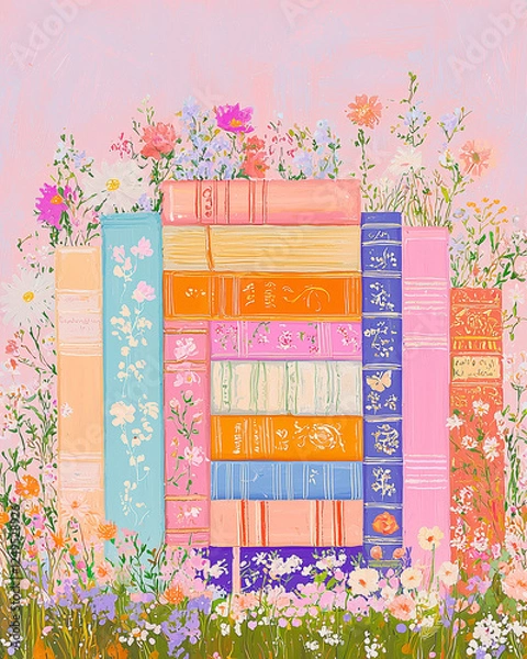 Obraz Colorful Vintage Books Surrounded by Wildflowers in a Pastel Garden Setting During Springtime