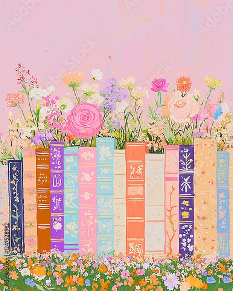 Obraz Colorful Book Spines Adorned With Flowers Create a Whimsical Literary Garden Setting