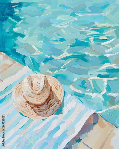 Obraz Relaxing by the Poolside With a Sun Hat on a Warm Day Near Sparkling Blue Waters