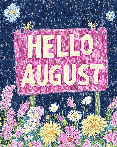 Obraz Bright Floral Welcome Sign for August With Colorful Flowers in a Nighttime Setting