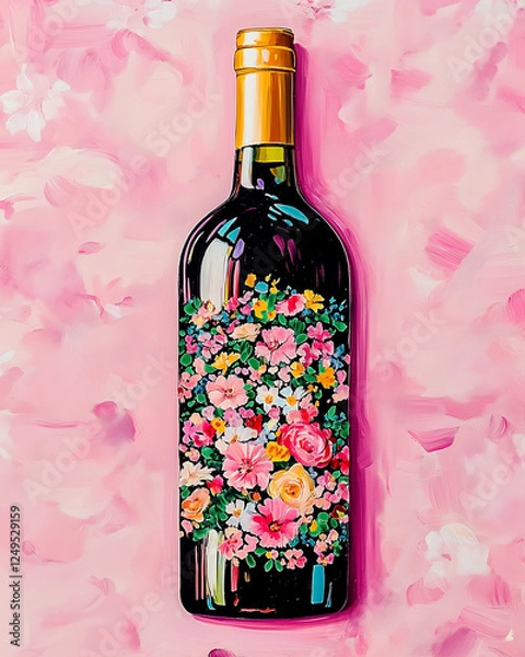 Obraz Colorful Floral Wine Bottle Design on a Pink Background Showcasing Artistic Creativity and Elegance