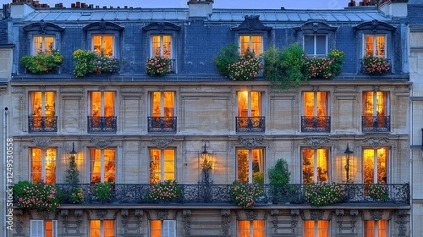 Fototapeta Parisian Building Illuminated at Dusk with Flowered Balconies