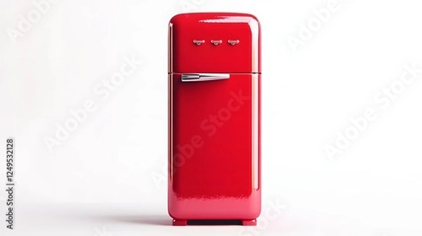 Fototapeta Retro red refrigerator against a plain white backdrop adding vibrant color to its clean minimalist design.