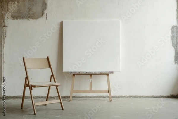Obraz Empty canvas on easel beside chair in studio.