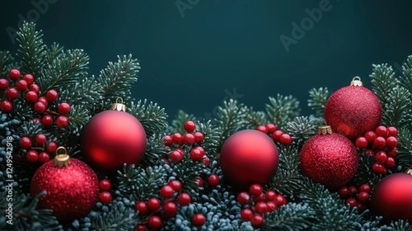 Fototapeta Festive arrangement of red ornaments among evergreen branches and berries.