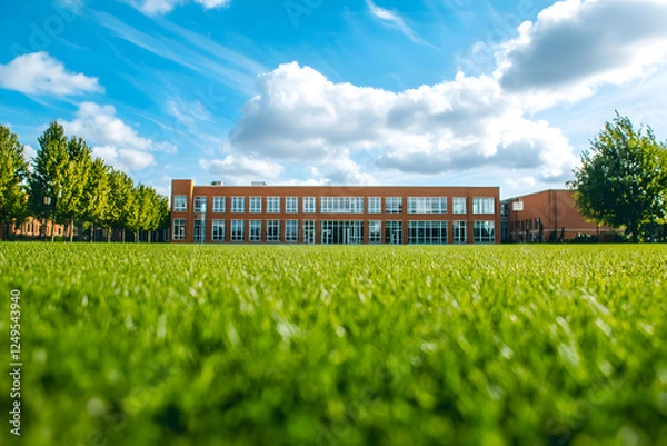 Obraz Modern School Building with Large Glass Windows and Brick Facade Surrounded by a Green Field Under a Bright Blue Sky

