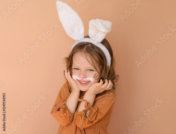 Obraz A sweet smiling little girl dressed up as an Easter bunny with a painted face