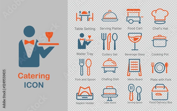 Fototapeta colorful line art catering icon set, including waiter trays, serving platters, food carts, cutlery, and beverage glasses. Perfect for adding vibrant, modern style to food-related projects