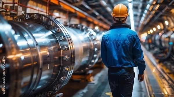 Fototapeta Intricate pipe network and equipment within the expansive tunnel of the large hadron collider