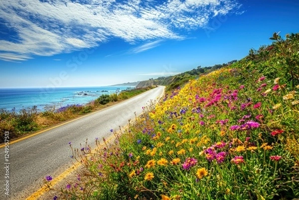 Obraz Sunny coastal road lined with vibrant wildflowers
